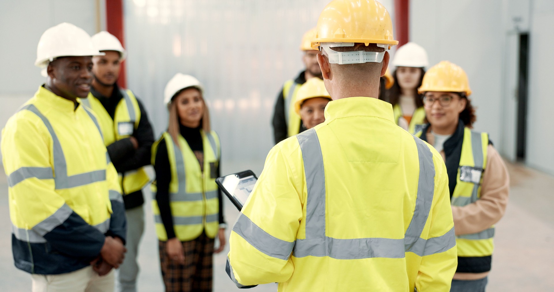 Construcción, trabajo en equipo y personas en reunión para la planificación, lluvia de ideas y discusión en la construcción. Arquitectura, ingeniería y hombres y mujeres para inspección, desarrollo de formación y proyecto